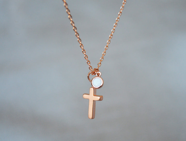 Rose Gold Cross Necklace - Birthstone Necklace - Godparent or Godchild Gift