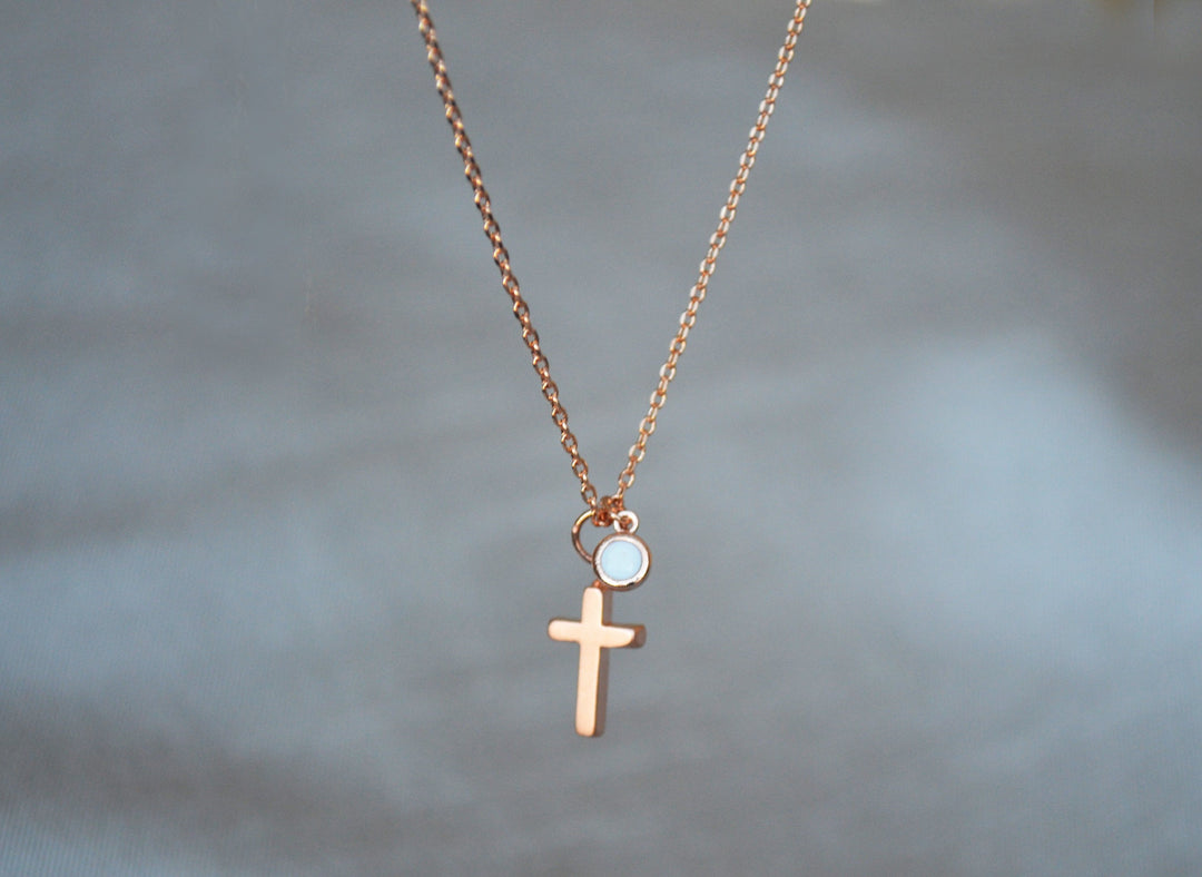 Rose Gold Cross Necklace - Birthstone Necklace - Godparent or Godchild Gift