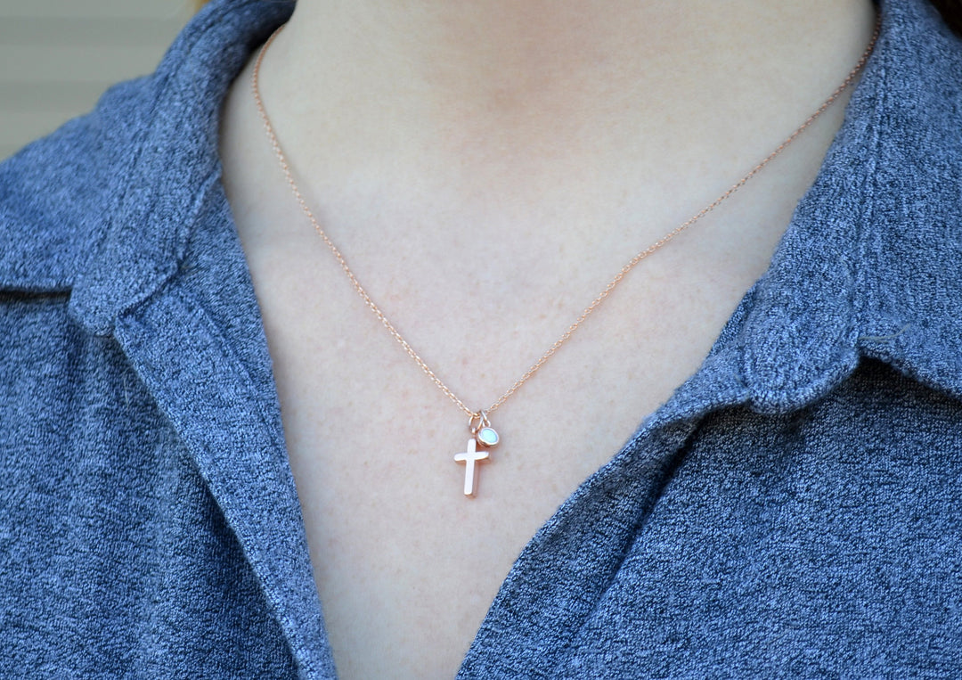 Rose Gold Cross Necklace - Birthstone Necklace - Godparent or Godchild Gift
