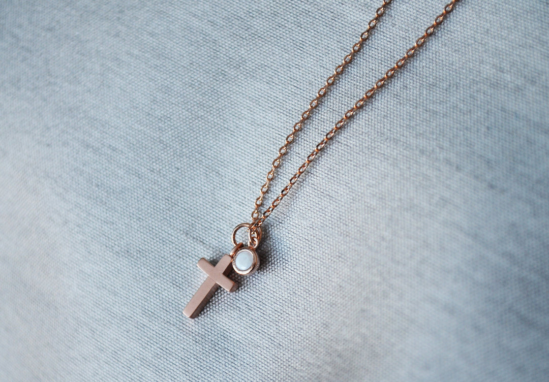 Rose Gold Cross Necklace - Birthstone Necklace - Godparent or Godchild Gift