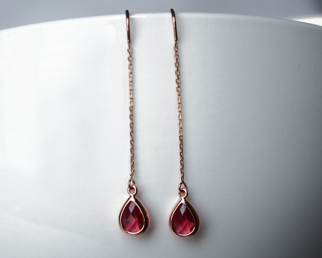 Ruby Threader Drop earrings, Dainty July Birthstone earrings, Ruby Drop earrings, Bridesmaid earrings, July Birthday Gift