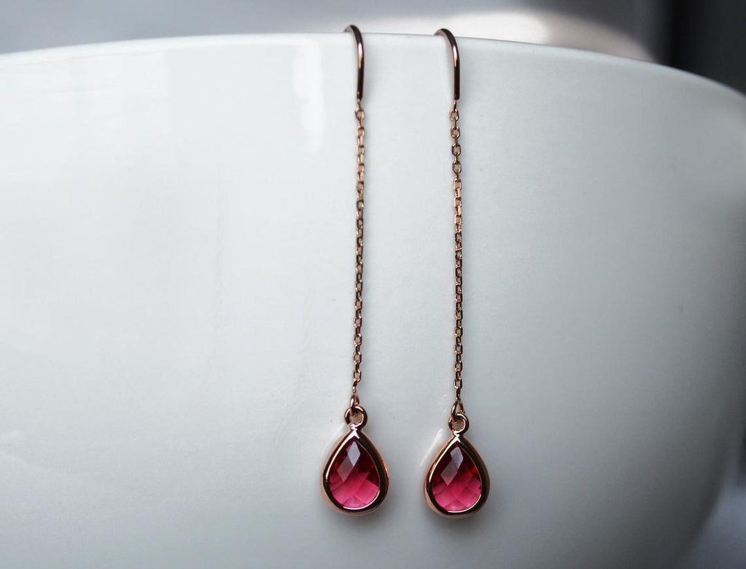 Ruby Threader Drop earrings, Dainty July Birthstone earrings, Ruby Drop earrings, Bridesmaid earrings, July Birthday Gift