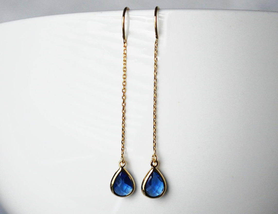 Sapphire Threader Drop earrings, Dainty September Birthstone earrings, Sapphire Drop earrings, Bridesmaid earrings, September Birthday Gift
