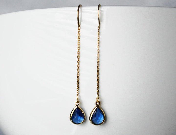 Sapphire Threader Drop earrings, Dainty September Birthstone earrings, Sapphire Drop earrings, Bridesmaid earrings, September Birthday Gift