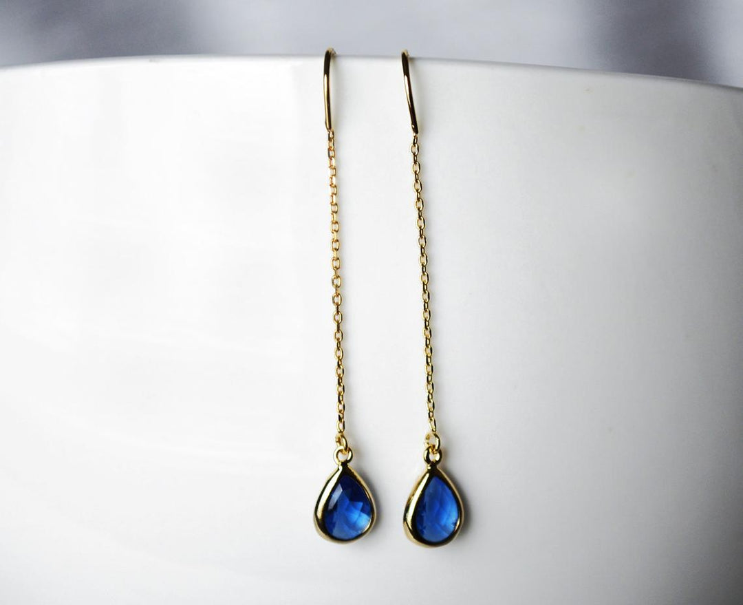 Sapphire Threader Drop earrings, Dainty September Birthstone earrings, Sapphire Drop earrings, Bridesmaid earrings, September Birthday Gift