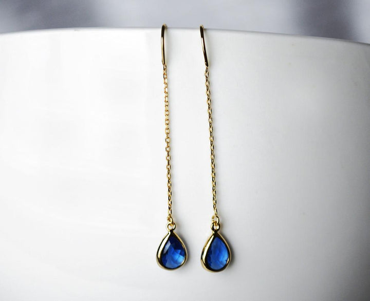 Sapphire Threader Drop earrings, Dainty September Birthstone earrings, Sapphire Drop earrings, Bridesmaid earrings, September Birthday Gift