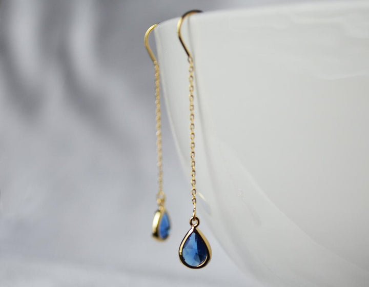 Sapphire Threader Drop earrings, Dainty September Birthstone earrings, Sapphire Drop earrings, Bridesmaid earrings, September Birthday Gift