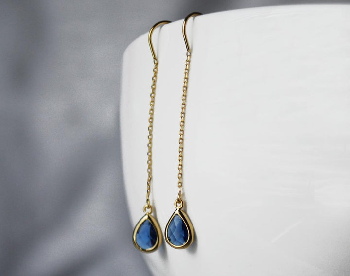 Sapphire Threader Drop earrings, Dainty September Birthstone earrings, Sapphire Drop earrings, Bridesmaid earrings, September Birthday Gift
