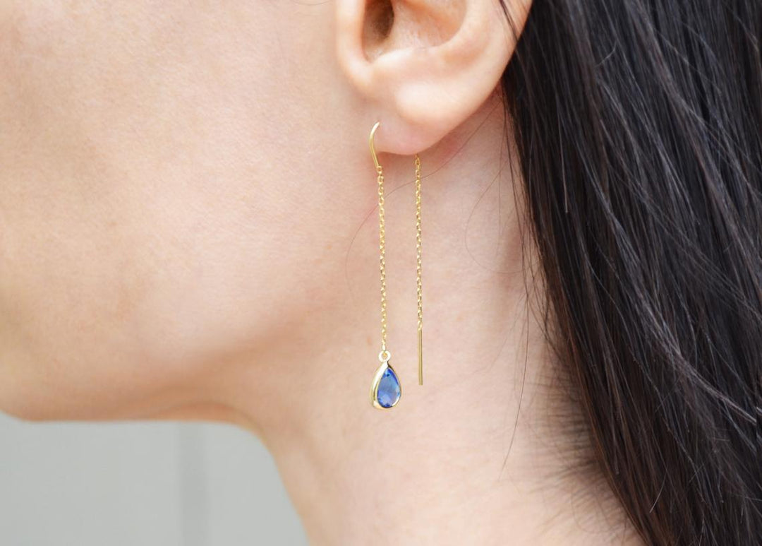 Sapphire Threader Drop earrings, Dainty September Birthstone earrings, Sapphire Drop earrings, Bridesmaid earrings, September Birthday Gift