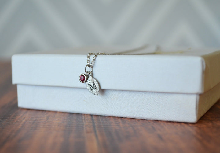 Silver Leaf Necklace, New Mom Gift, Bridesmaid Gift, Personalized Necklace, Birthday Gift, Necklace with Birthstone, Birthstone Necklace