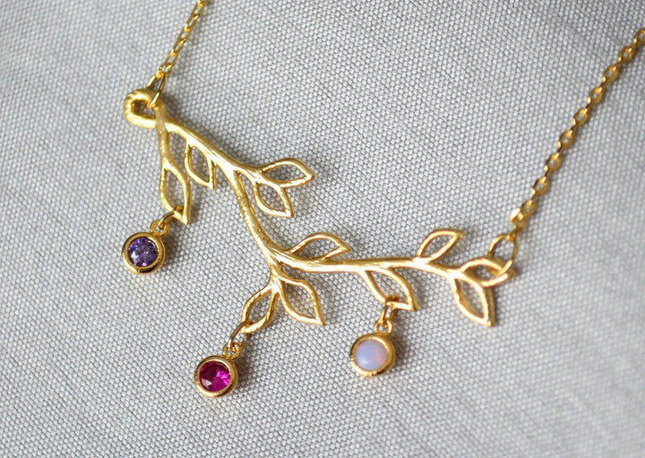 Gold Birthstone Bracelet, Family Tree Bracelet, Branch Bracelet, Grandmother Bracelet, Initial Necklace