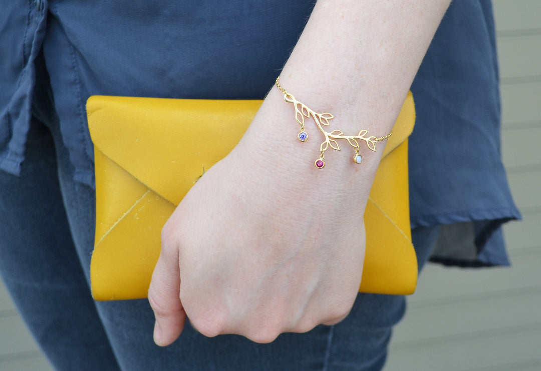 Gold Birthstone Bracelet, Family Tree Bracelet, Branch Bracelet, Grandmother Bracelet, Initial Necklace