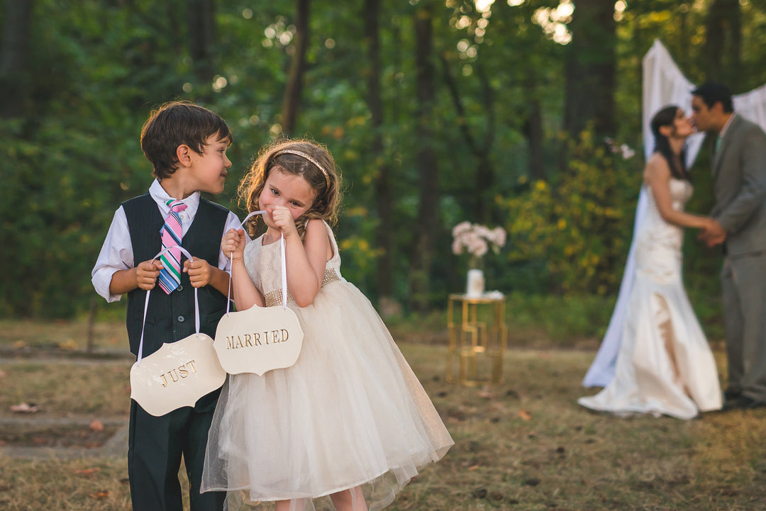 Large Silver 'Just Married' Wedding Sign Set to Hang on Chair and Use as Photo Prop