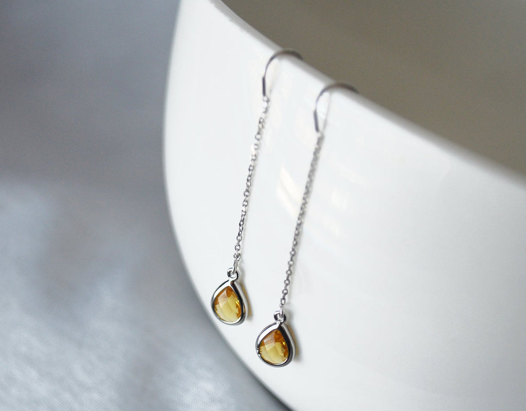 Topaz Threader Drop earrings, Dainty November Birthstone earrings, November Drop earrings, Bridesmaid earrings, November Birthday Gift