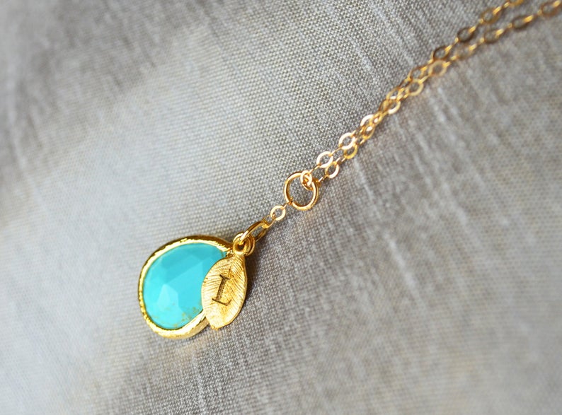 Turquoise Necklace, December Birthstone Necklace, Bridesmaid Gift, Mom Birthstone Necklace, Initial Necklace, Mom Gift, Grandma Necklace