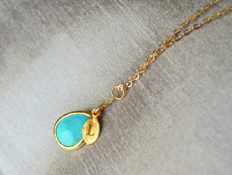 Turquoise Necklace, December Birthstone Necklace, Bridesmaid Gift, Mom Birthstone Necklace, Initial Necklace, Mom Gift, Grandma Necklace