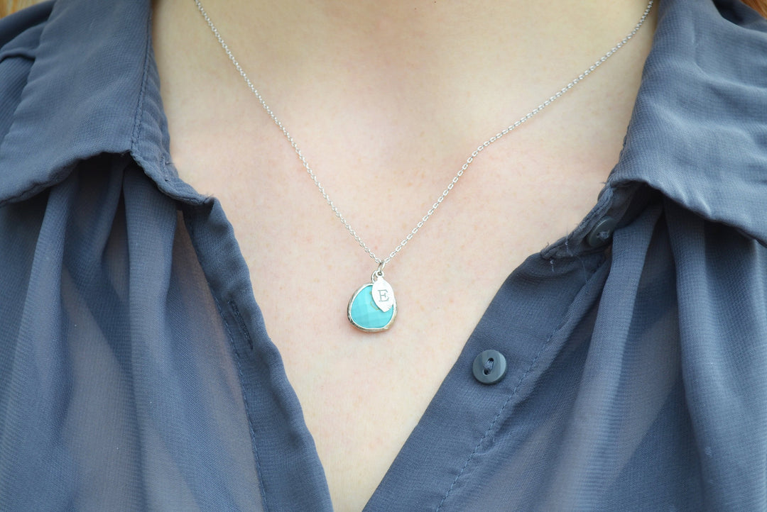 Turquoise Necklace - December Birthstone Necklace, Custom Initial Necklace