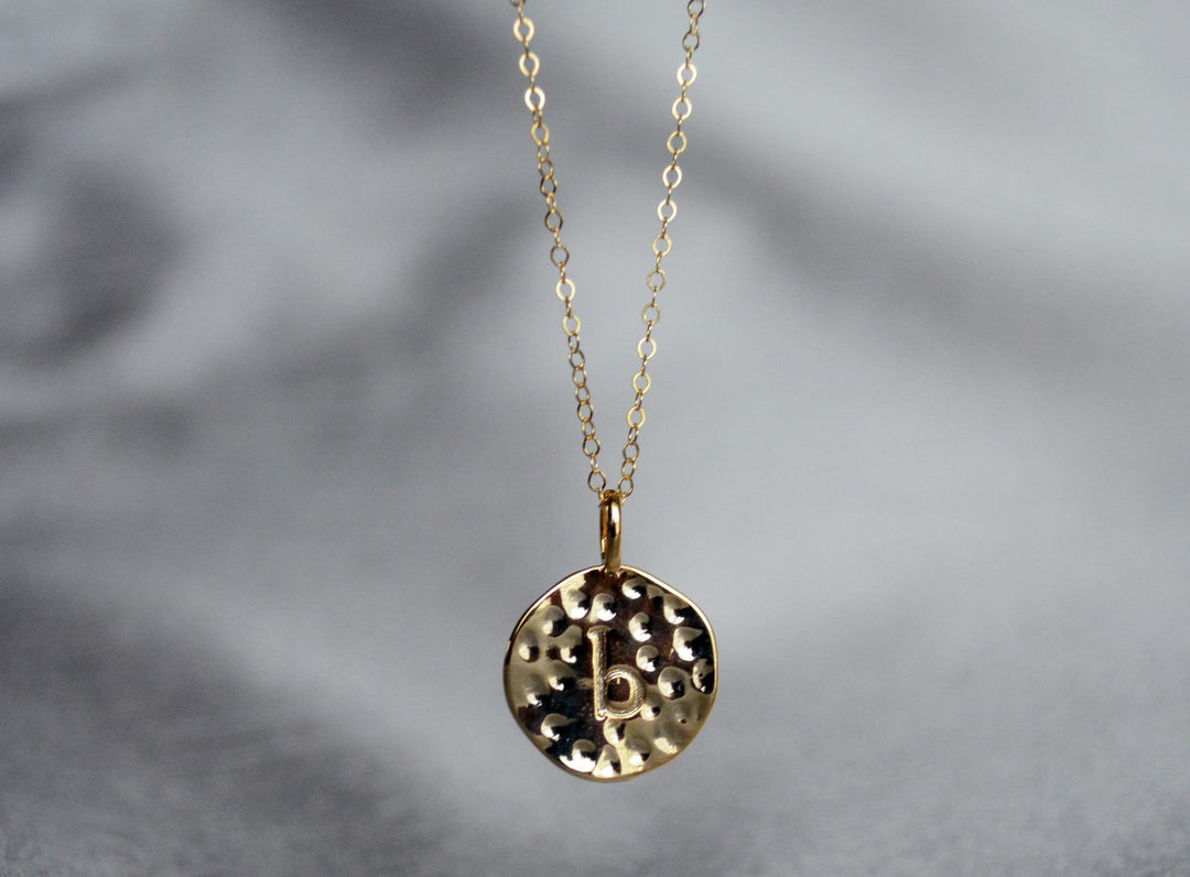 Valentine's Day Necklace, Hammered Letter Disc Necklace, Gold Initial Necklace, Gift for Her, Gift for Wife, Girlfriend Gift, Gift for Mom