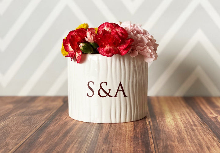 Vase Wedding Gift, Engagement Gift, Anniversary Gift or Wedding Centerpiece -Ceramic Wood Grain Vase - Personalized Modern and Rustic Vase