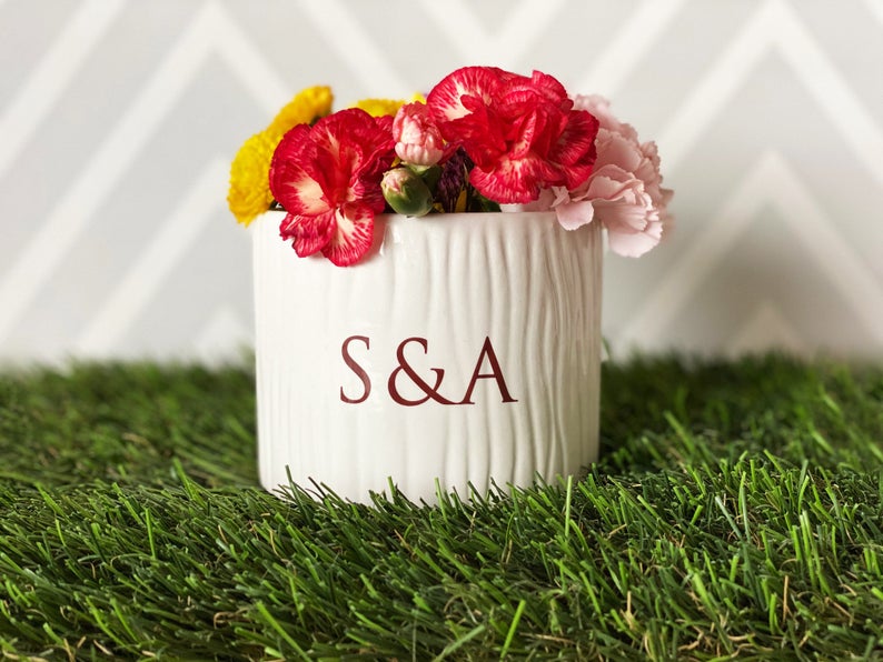 Vase Wedding Gift, Engagement Gift, Anniversary Gift or Wedding Centerpiece -Ceramic Wood Grain Vase - Personalized Modern and Rustic Vase