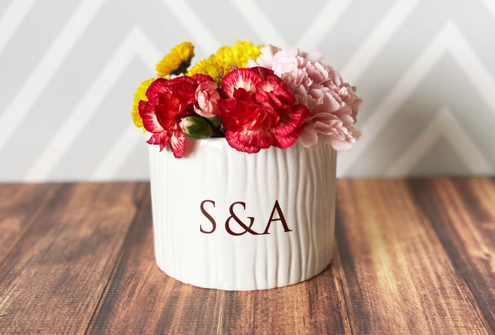 Vase Wedding Gift, Engagement Gift, Anniversary Gift or Wedding Centerpiece -Ceramic Wood Grain Vase - Personalized Modern and Rustic Vase