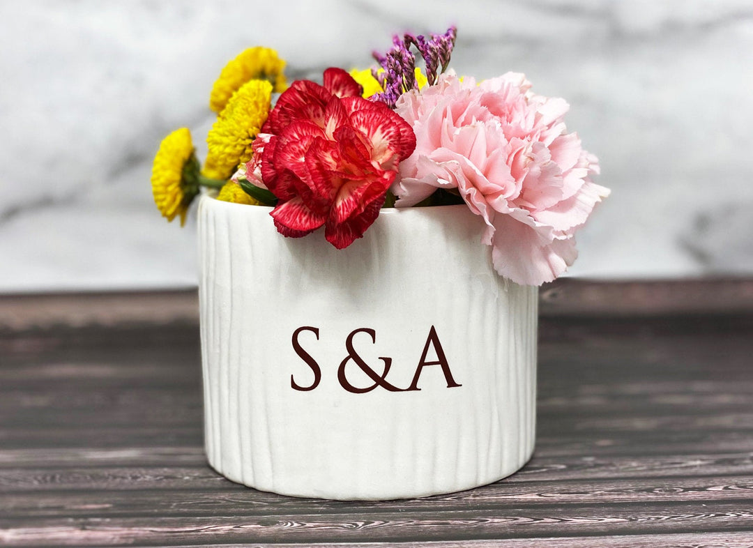 Vase Wedding Gift, Engagement Gift, Anniversary Gift or Wedding Centerpiece -Ceramic Wood Grain Vase - Personalized Modern and Rustic Vase