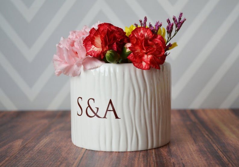Vase Wedding Gift, Engagement Gift, Anniversary Gift or Wedding Centerpiece -Ceramic Wood Grain Vase - Personalized Modern and Rustic Vase