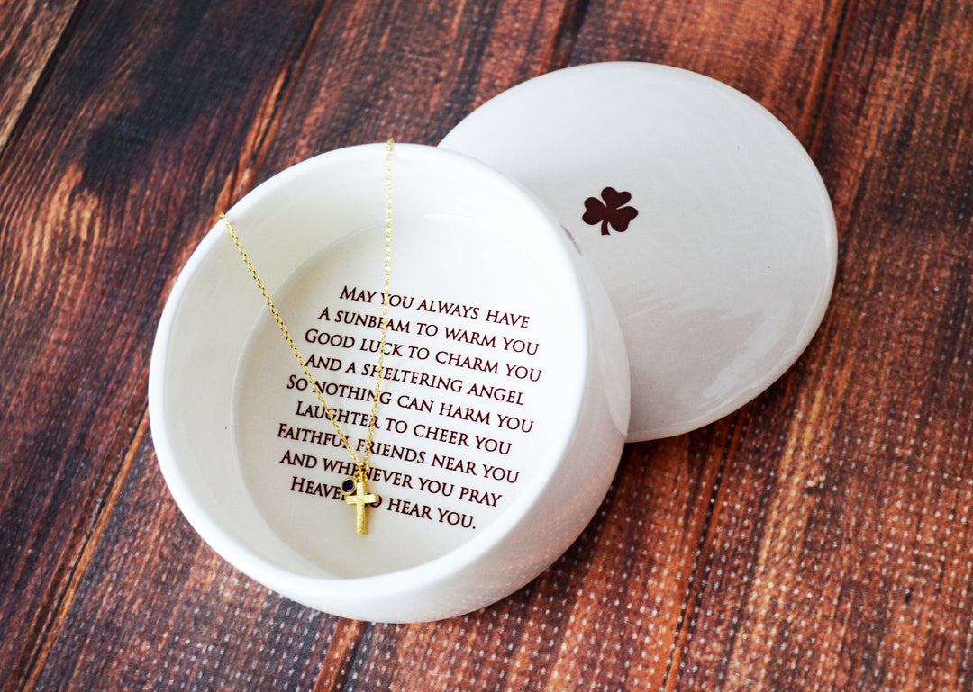 Round Keepsake Box w/ Cross Necklace, Irish Blessing