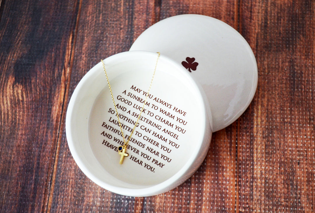 Round Keepsake Box w/ Cross Necklace, Irish Blessing