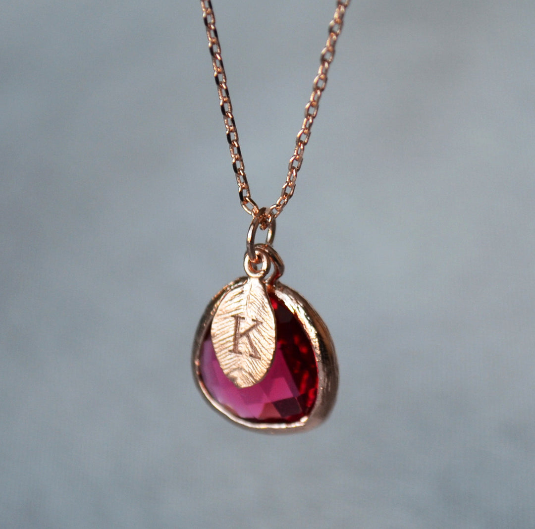 Ruby Necklace, July Birthstone Jewelry, Custom Initial on Leaf