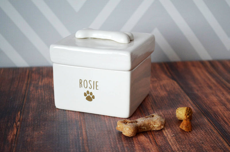 Personalized Dog Treat Jar, Dog Treat Container, Dog Gift - With Name in Gold or Silver