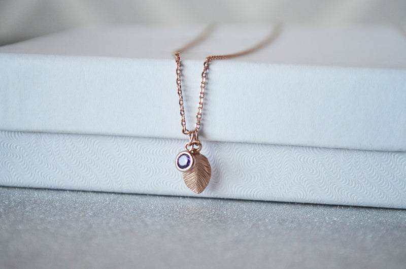 Rose Gold Personalized Necklace, Leaf Necklace, Necklace with Birthstone, Birthstone Necklace
