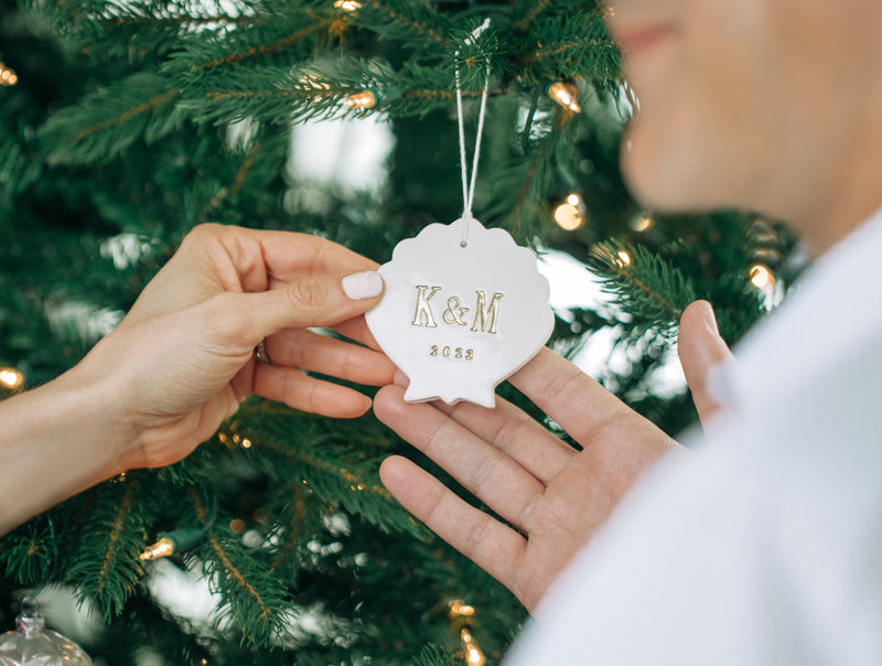 Personalized First Christmas Shell Ornament with Initials and Year
