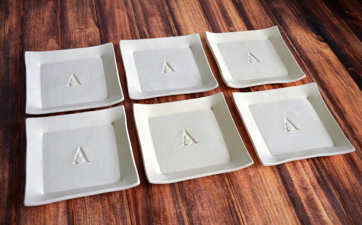 Set of 6 appetizer plates in white ceramic - handmade with initial in middle of each plate