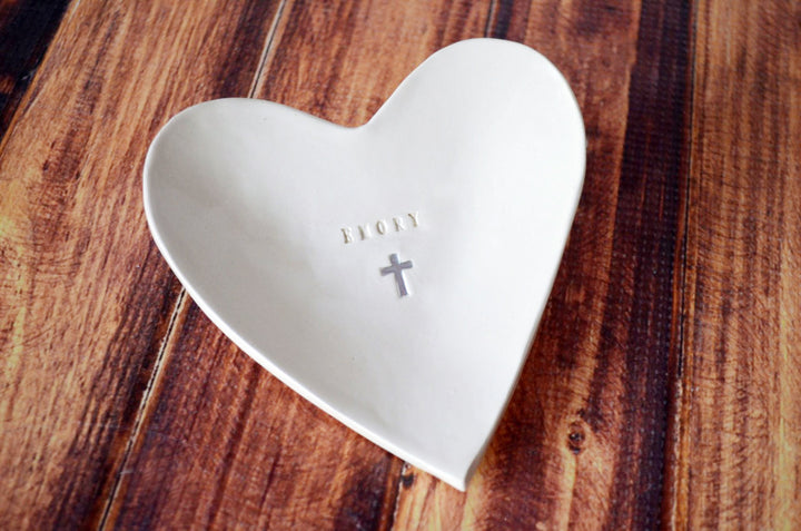 Personalized Small Ceramic Heart Bowl with Name & Cross | Baptism Gift