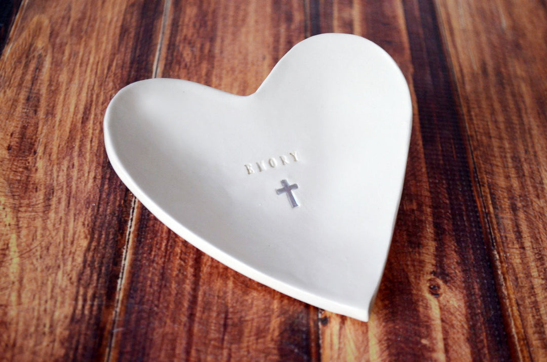 Personalized Small Ceramic Heart Bowl with Name & Cross | Baptism Gift
