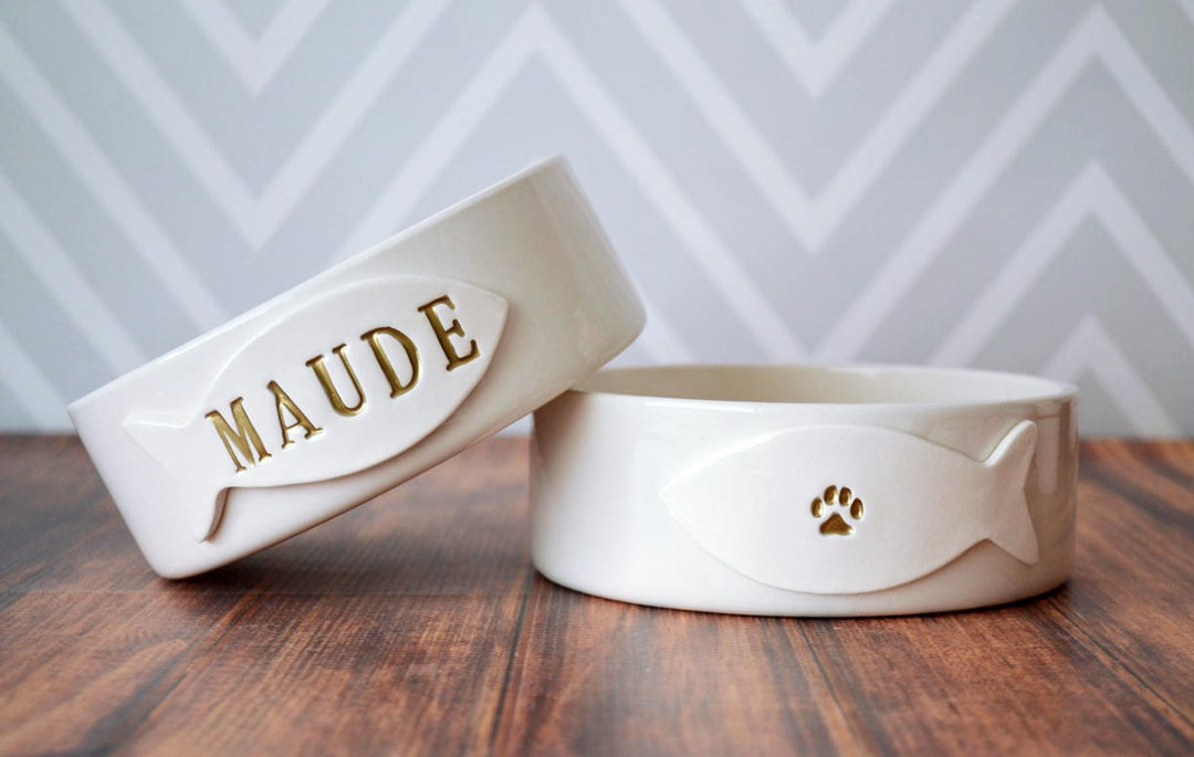 Personalized Cat Bowl - Small/Medium Size (6" dia.) - With Name and Paw Print - Ceramic
