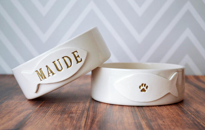 Personalized Cat Bowl - Small/Medium Size (6" dia.) - With Name and Paw Print - Ceramic