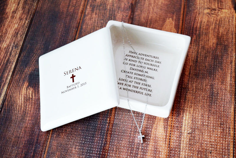 Baptism Gift,  Christening Gift, Confirmation Gift, First Communion Gift, Godchild Gift -Square Keepsake Box w/ Cross Necklace