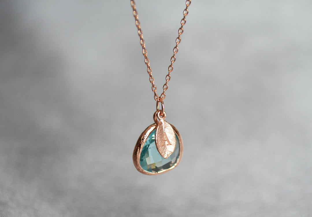 initial stamped on leaf charm necklace