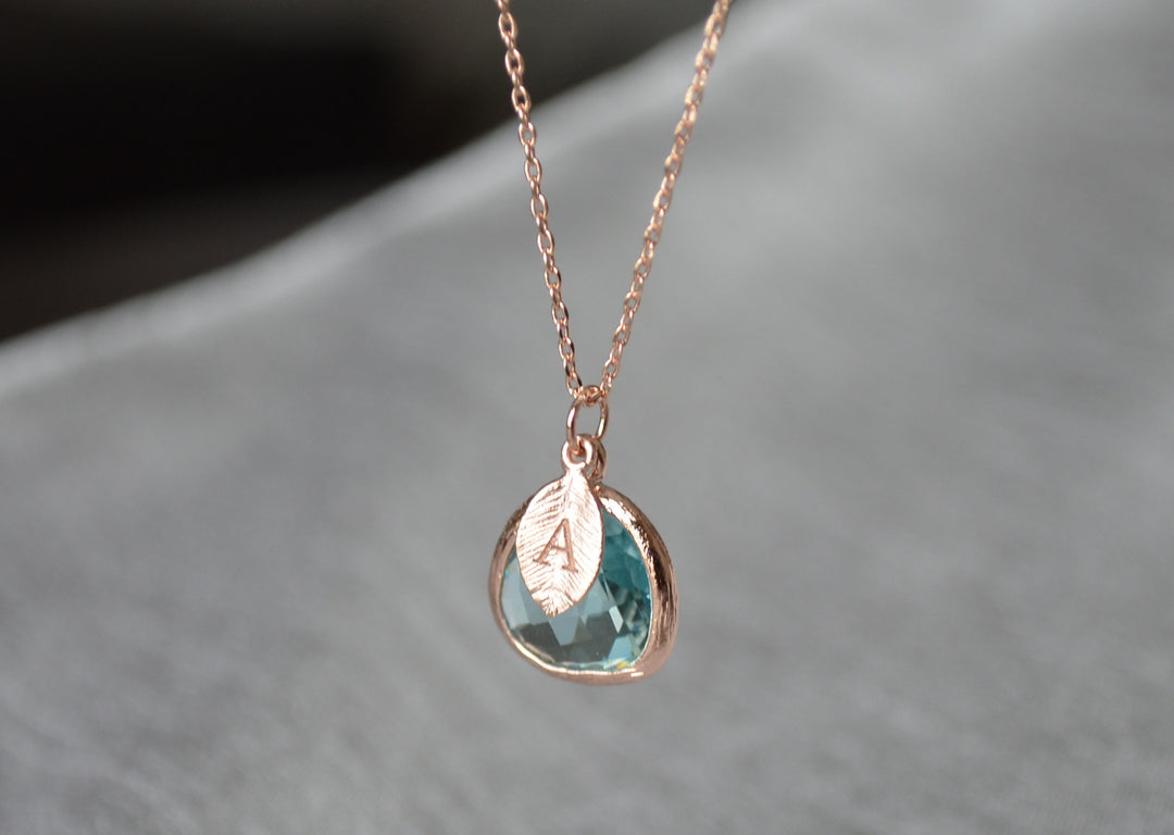 rose-gold finish on aquamarine pendant necklace