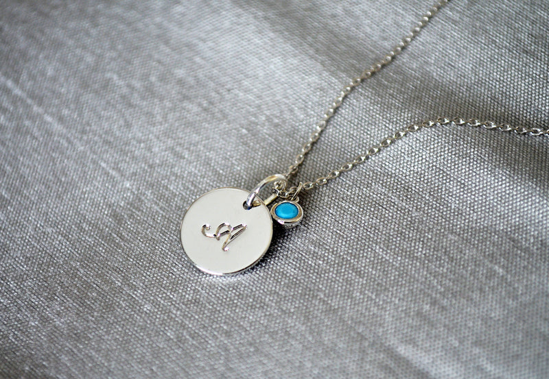 Silver Script Initial Letter Necklace with Birthstone