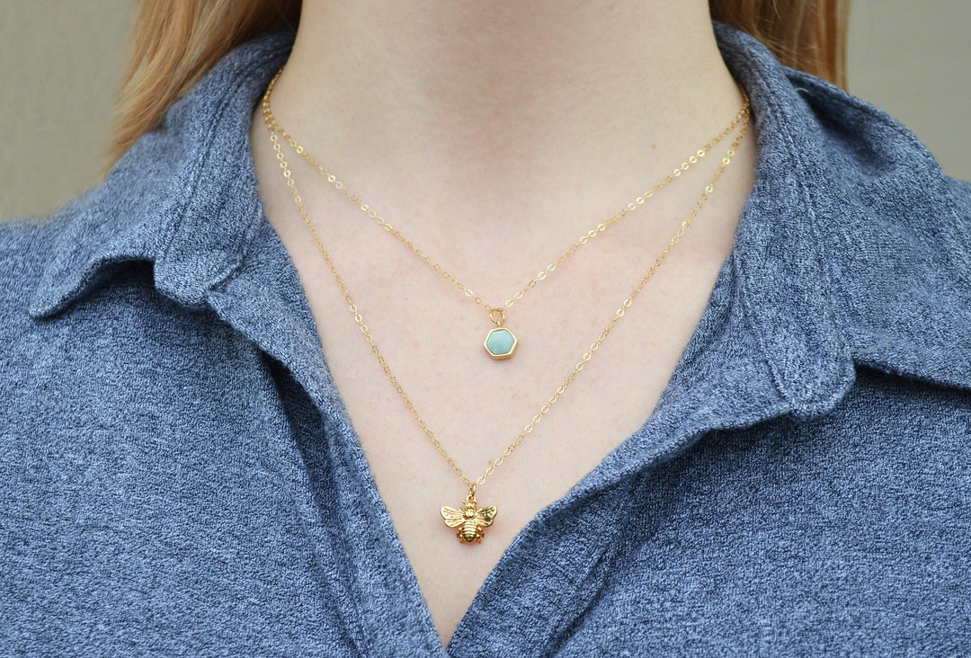 Bee Necklace, Layered Necklace, Hexagon Necklace, Friend Gift, Birthday Gift for Friend, Gift for Her, Best Friend Gift, Layering Necklace