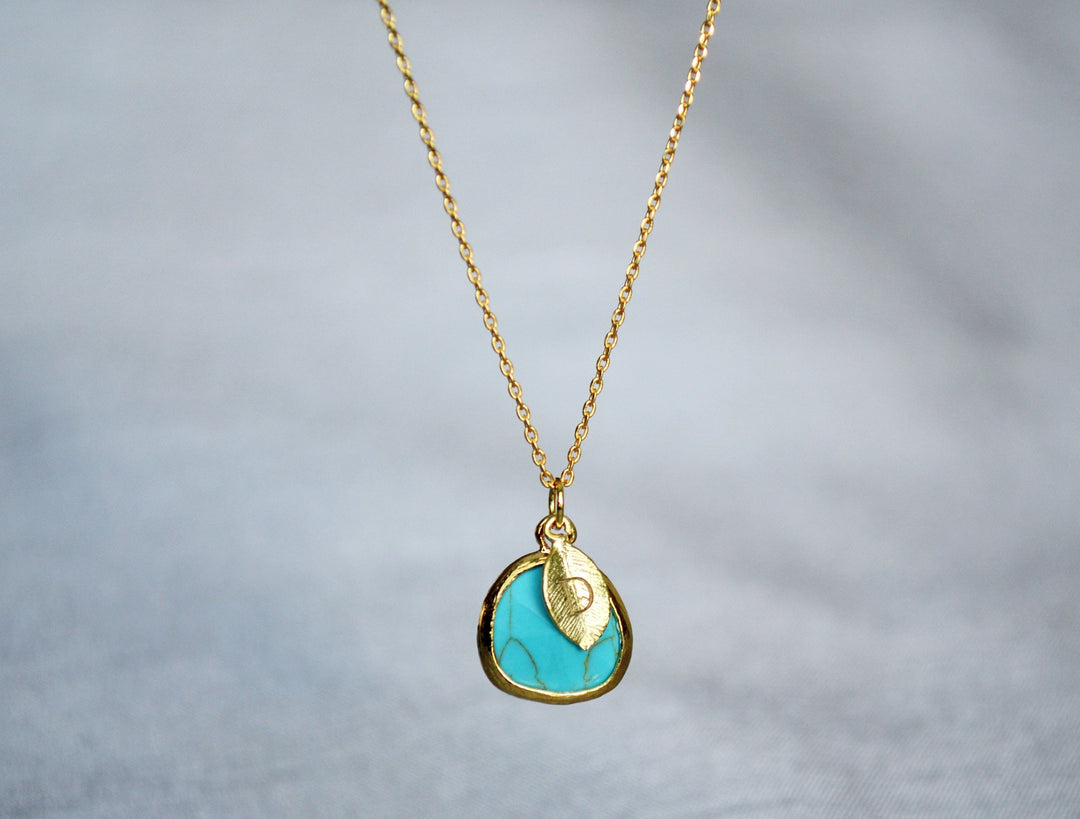 December Birthstone Necklace - Turquoise Birthstone Necklace, Custom Initial Necklace