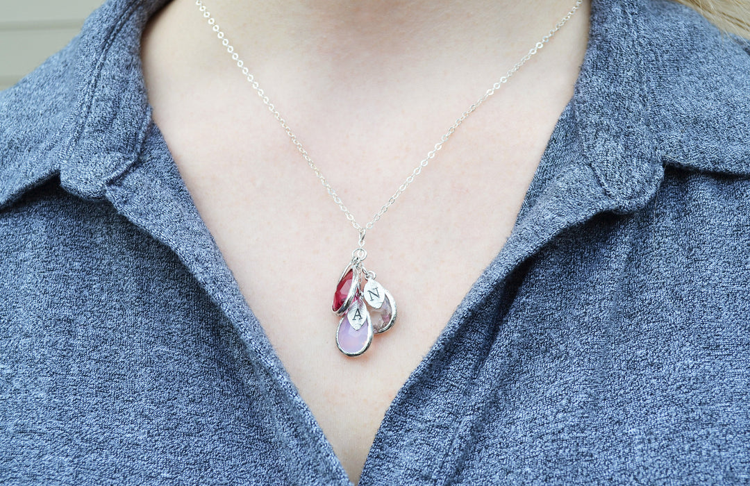 Family Tree Necklace, Personalized Birthstone Necklace, Mothers Birthstone Necklace, Stamped Initial Necklace, Mom Gift, Grandma Necklace
