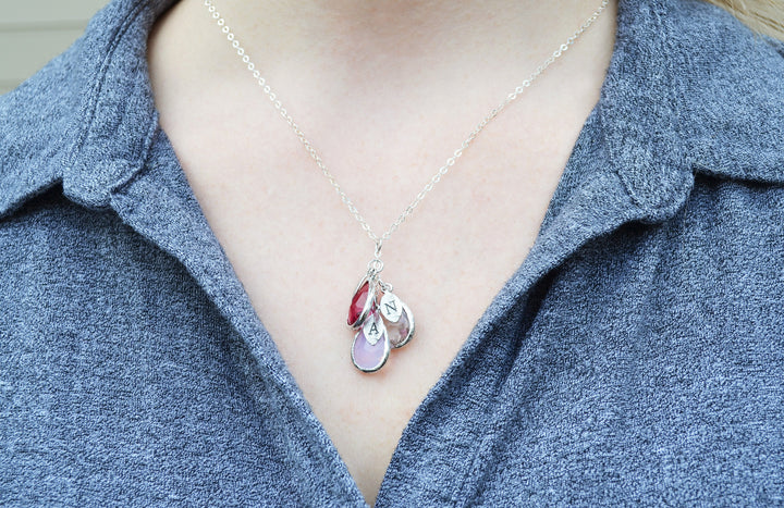 Family Tree Necklace, Personalized Birthstone Necklace, Mothers Birthstone Necklace, Stamped Initial Necklace, Mom Gift, Grandma Necklace