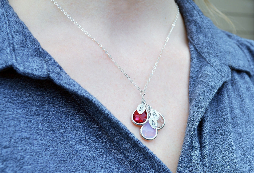 Family Tree Necklace, Personalized Birthstone Necklace, Mothers Birthstone Necklace, Stamped Initial Necklace, Mom Gift, Grandma Necklace