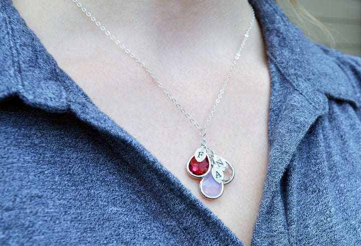 Family Tree Necklace, Personalized Birthstone Necklace, Mothers Birthstone Necklace, Stamped Initial Necklace, Mom Gift, Grandma Necklace