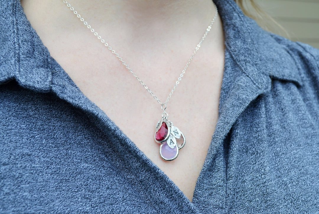 Family Tree Necklace, Personalized Birthstone Necklace, Mothers Birthstone Necklace, Stamped Initial Necklace, Mom Gift, Grandma Necklace