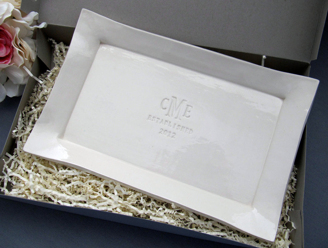 Personalized Rectangle Platter, Monogram & Date, 12.5x8 Ceramic